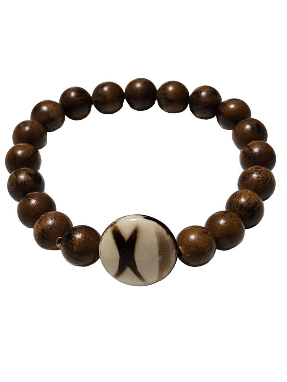 Tribal Style Wood Beaded Bracelet Cream Focal Bead Boho Earthy Unisex Jewelry